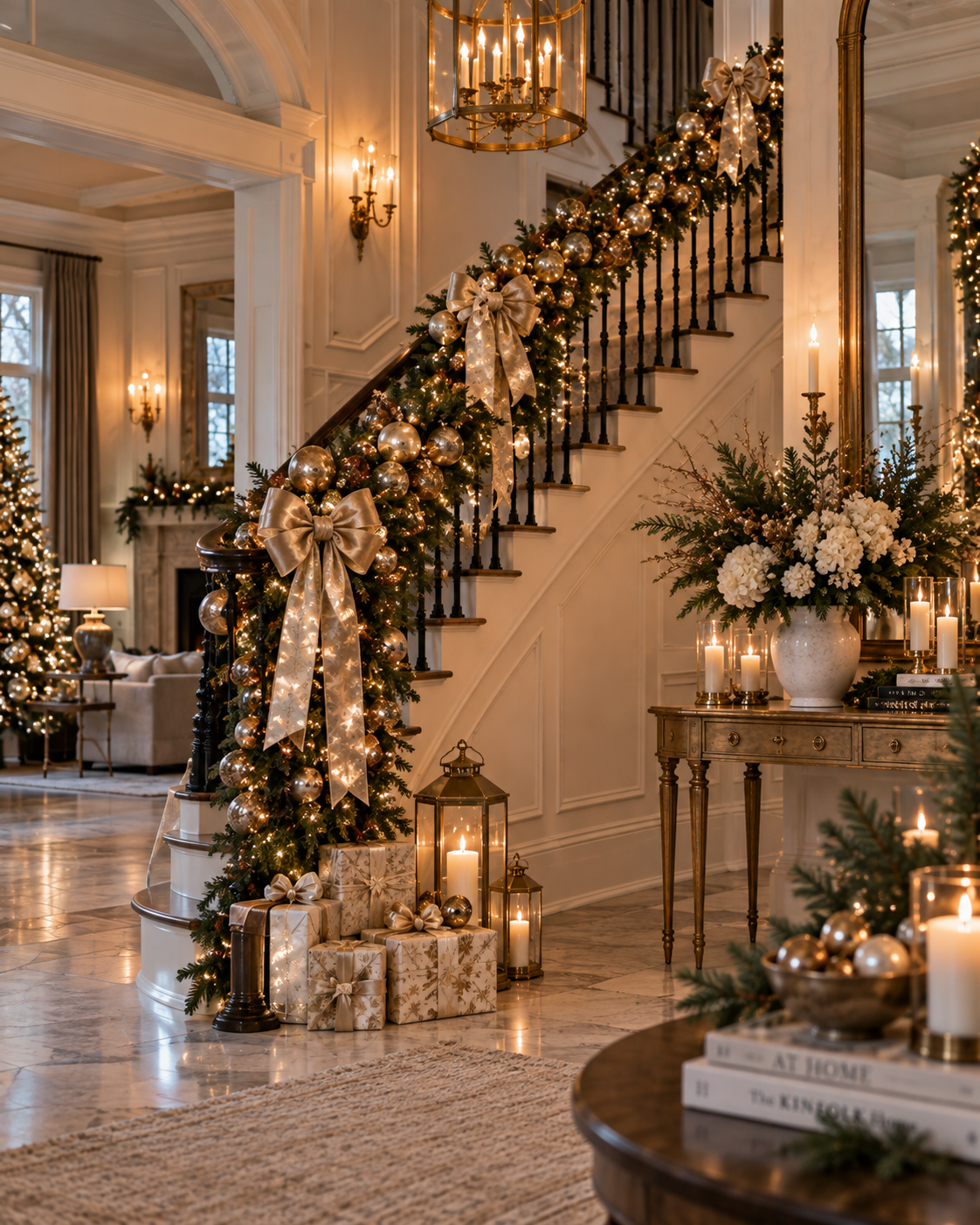 Holiday interior in champagne and gold with antique-inspired warmth