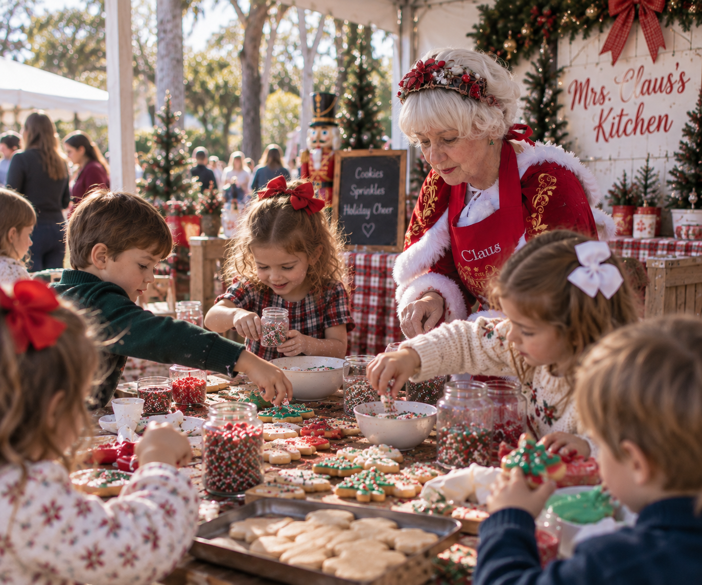 Children decorating cookies with Mrs. Claus at a holiday cookie station