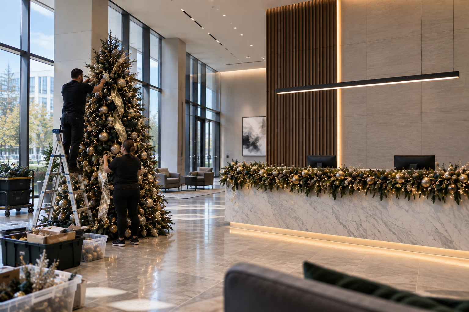 Holiday designers installing a decorated Christmas tree and garland in a modern corporate reception area