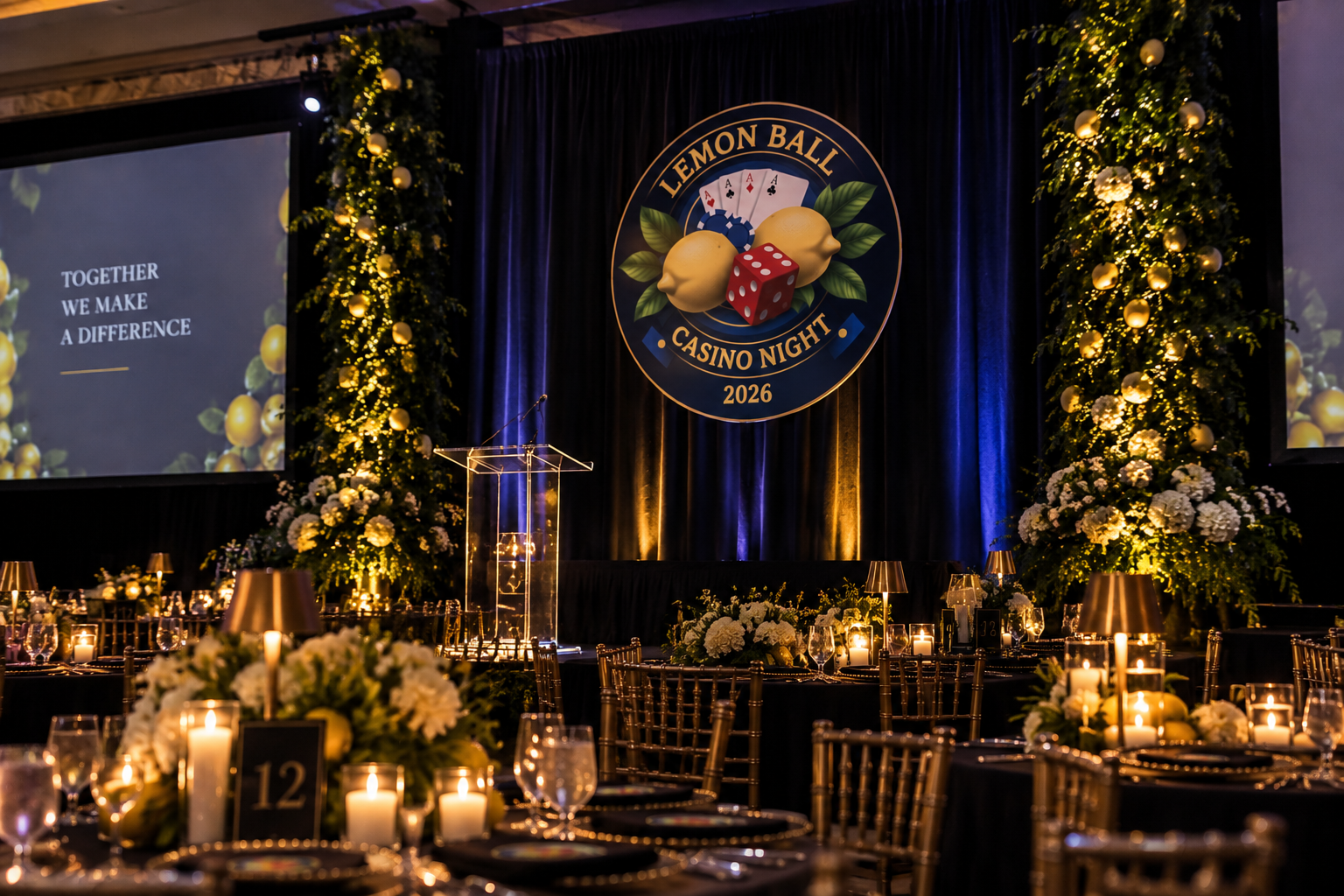 Lemon Ball Casino Night empty ballroom with branded stage, candlelit tables and floral columns