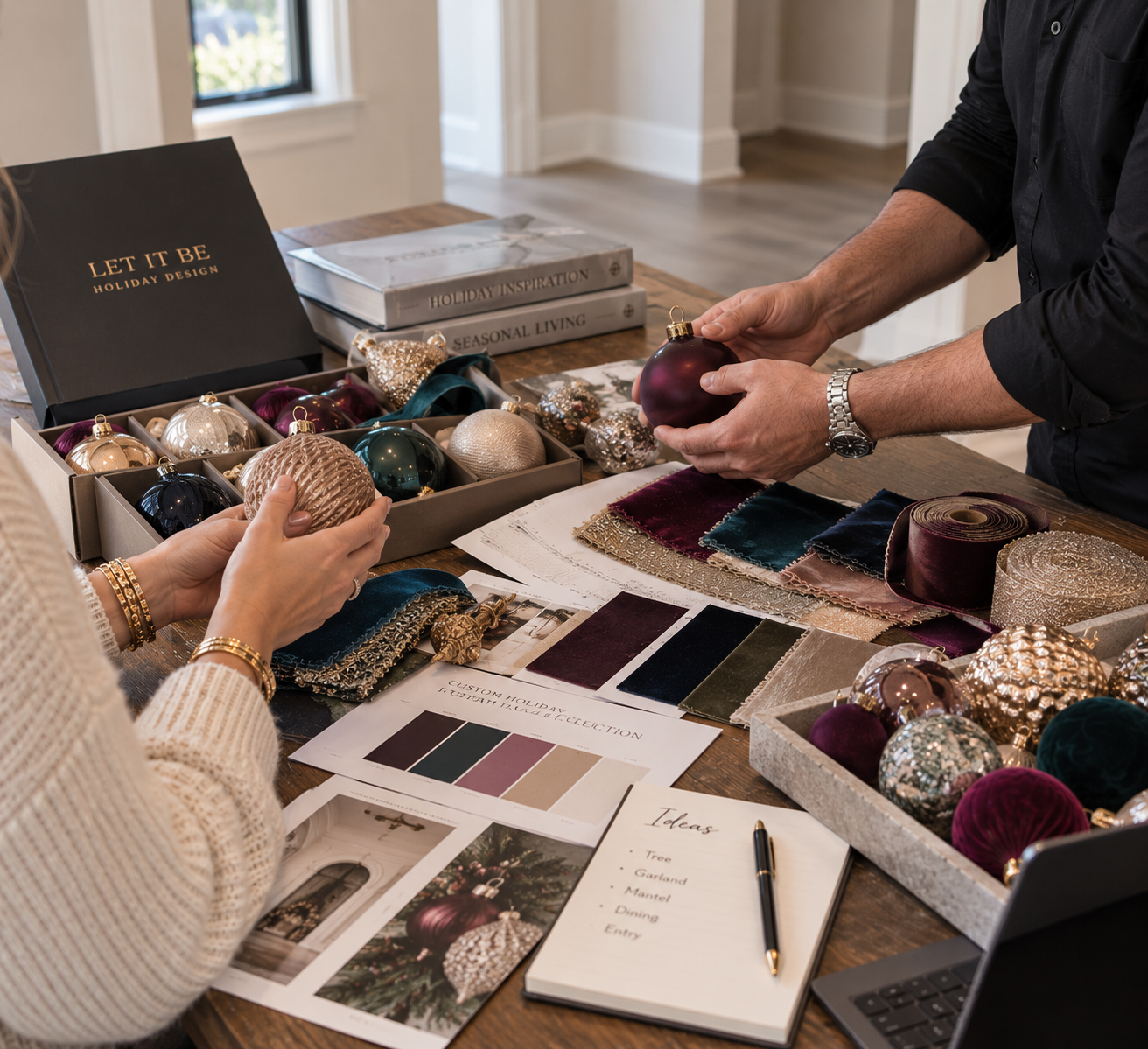 Designer and client selecting ornaments, ribbon, fabrics and colors for a custom holiday collection
