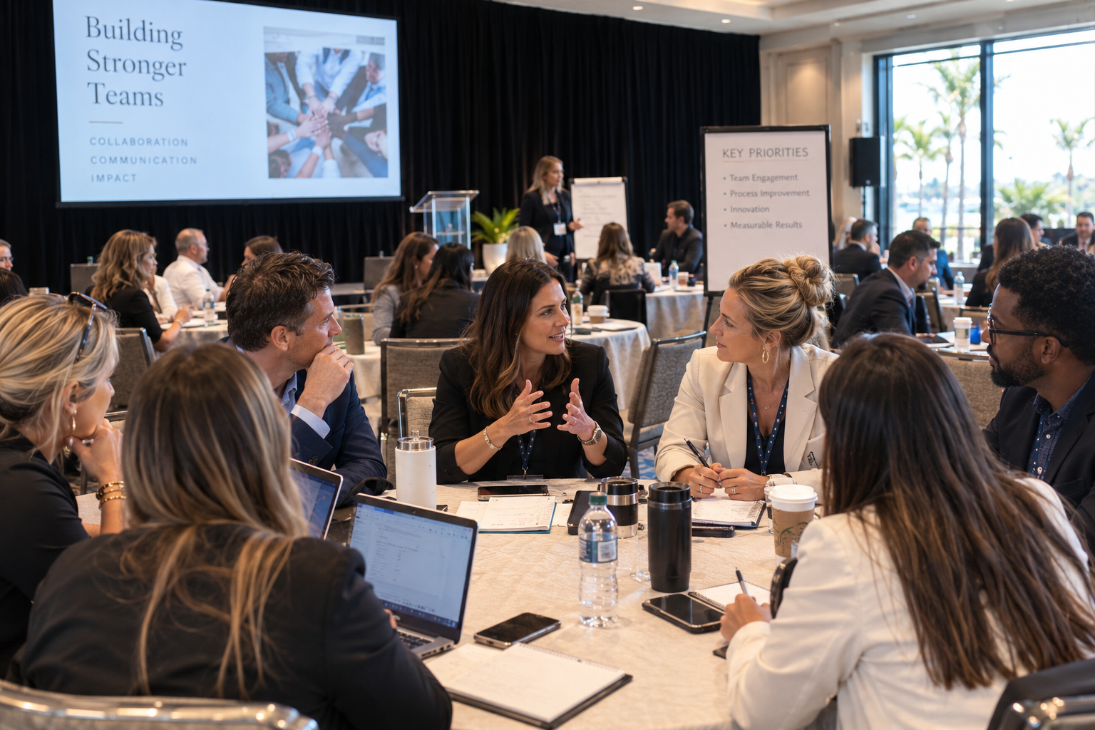 Colleagues collaborating around a table during a breakout session