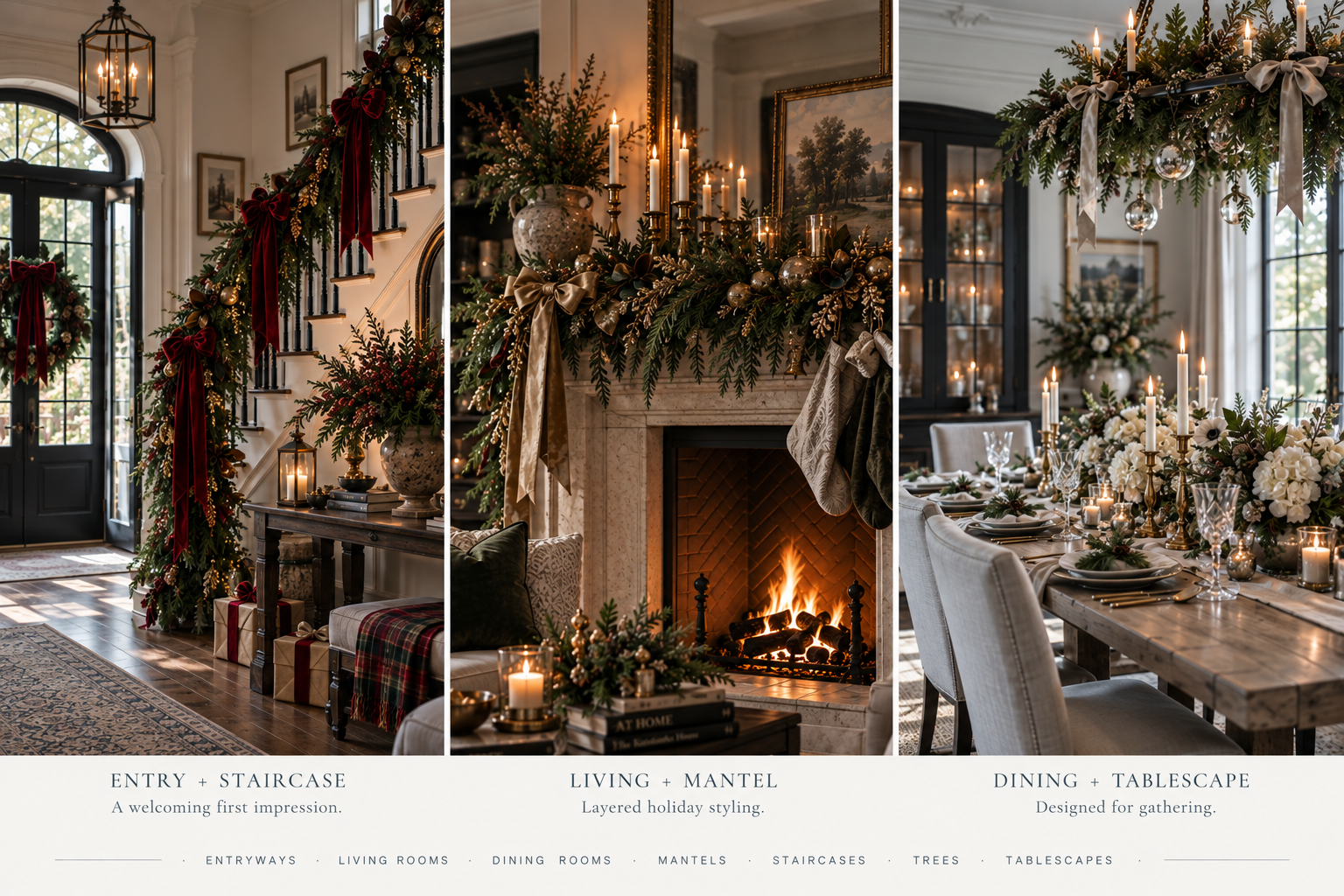 Three holiday interiors with captions: Entry + Staircase, Living + Mantel, and Dining + Tablescape