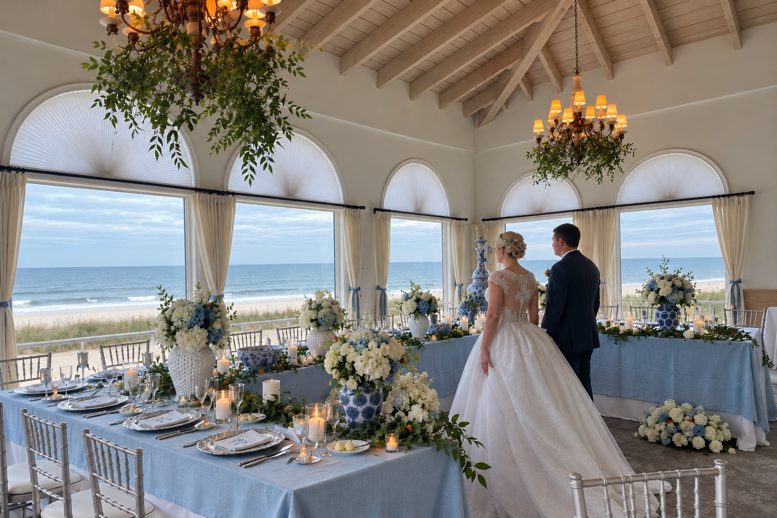 Oceanfront wedding reception with blue tablescapes and chandeliers