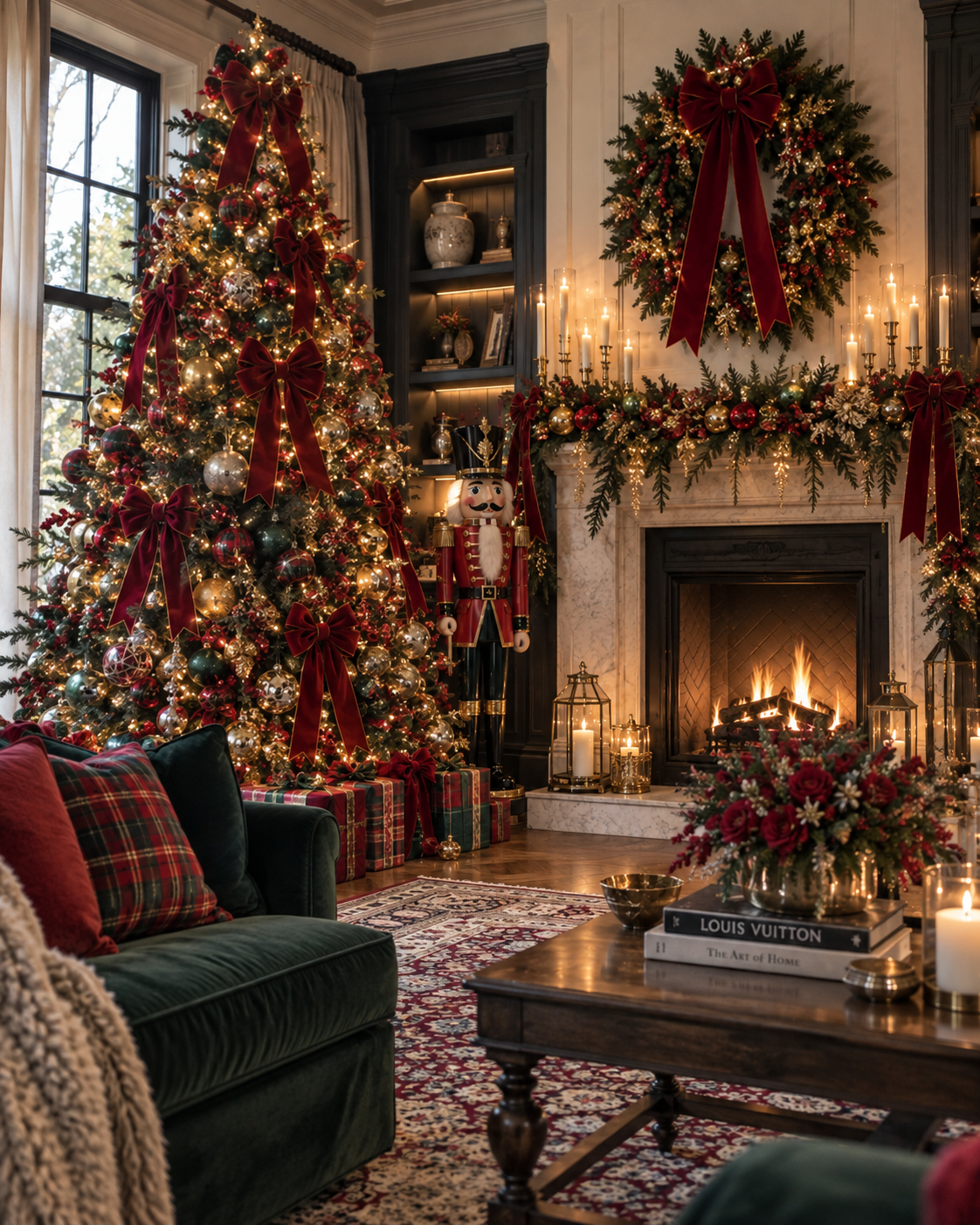 Traditional holiday interior in deep red, green and warm metallic accents