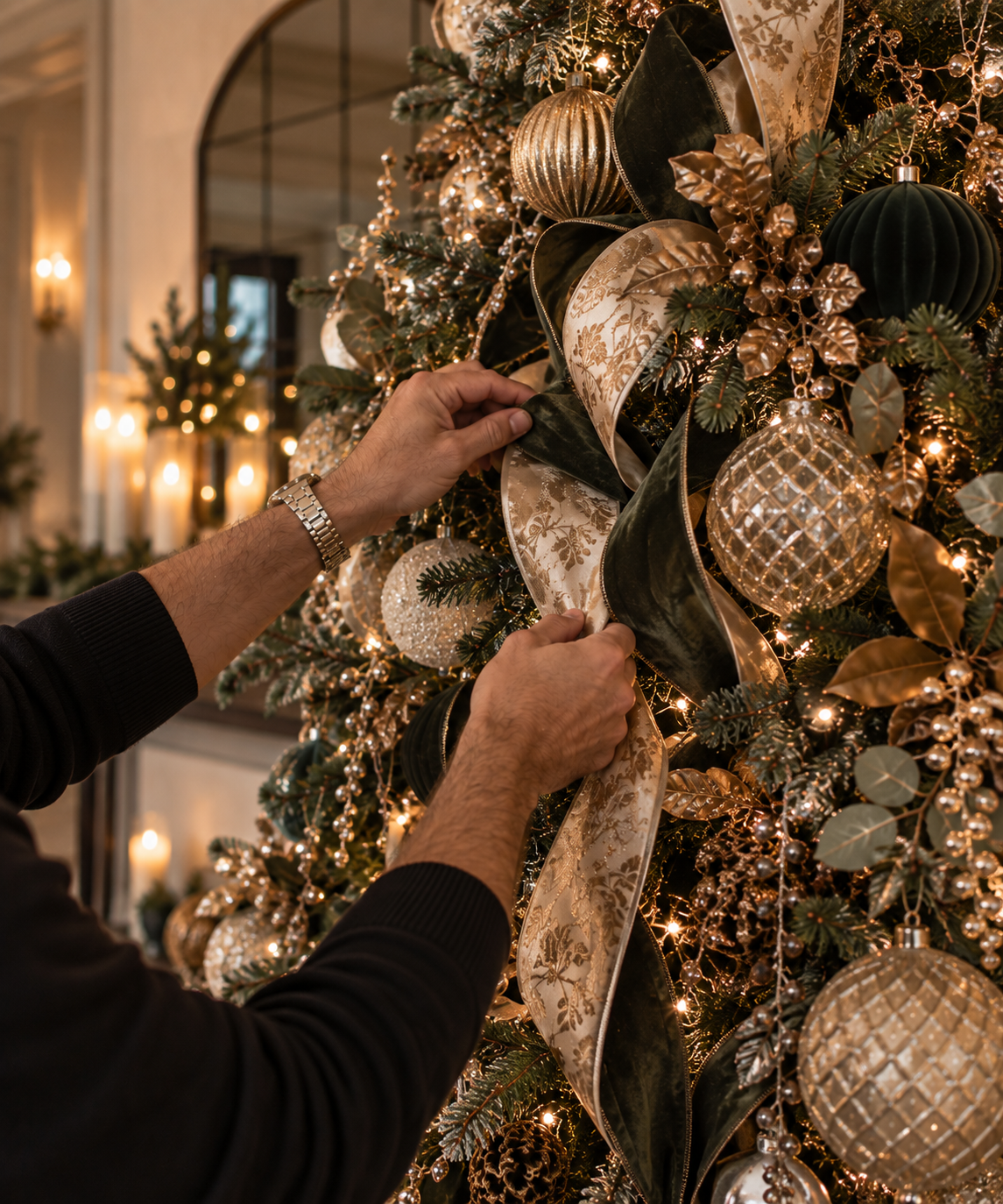 A decorator's hands working ribbon into a professionally styled Christmas tree with layered ornaments and warm white lights