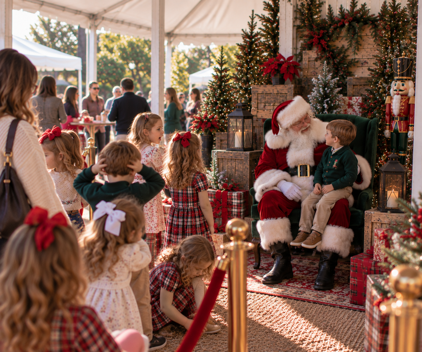 Children meeting Santa in a decorated holiday experience under a tented setting