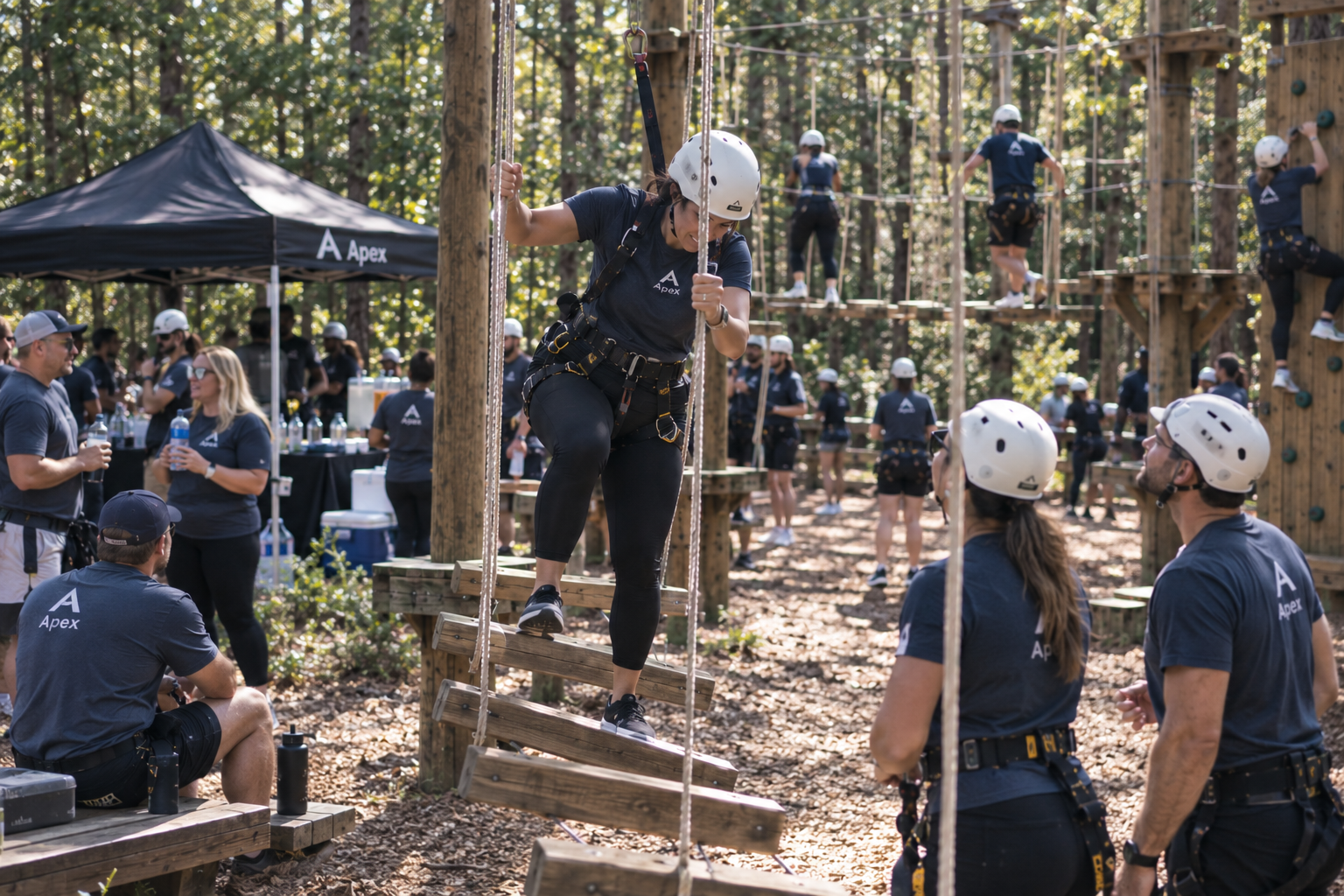 Corporate group participating in an outdoor leadership and team-building experience