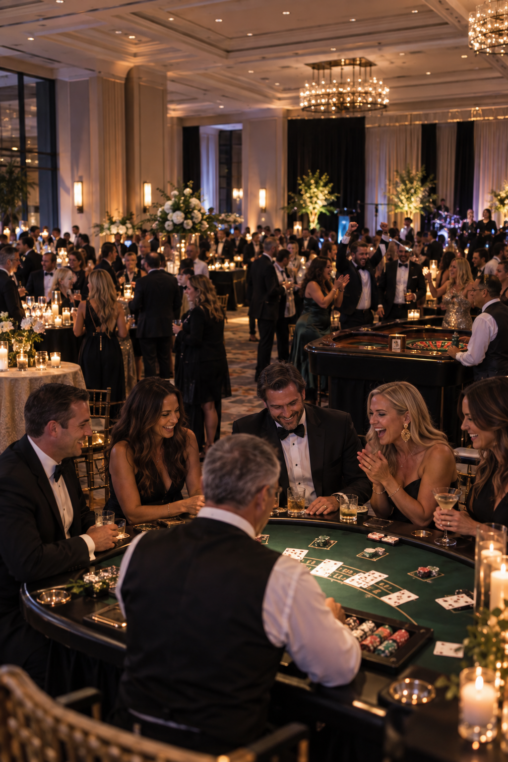 Casino tables and guests in an elegant philanthropic gala ballroom