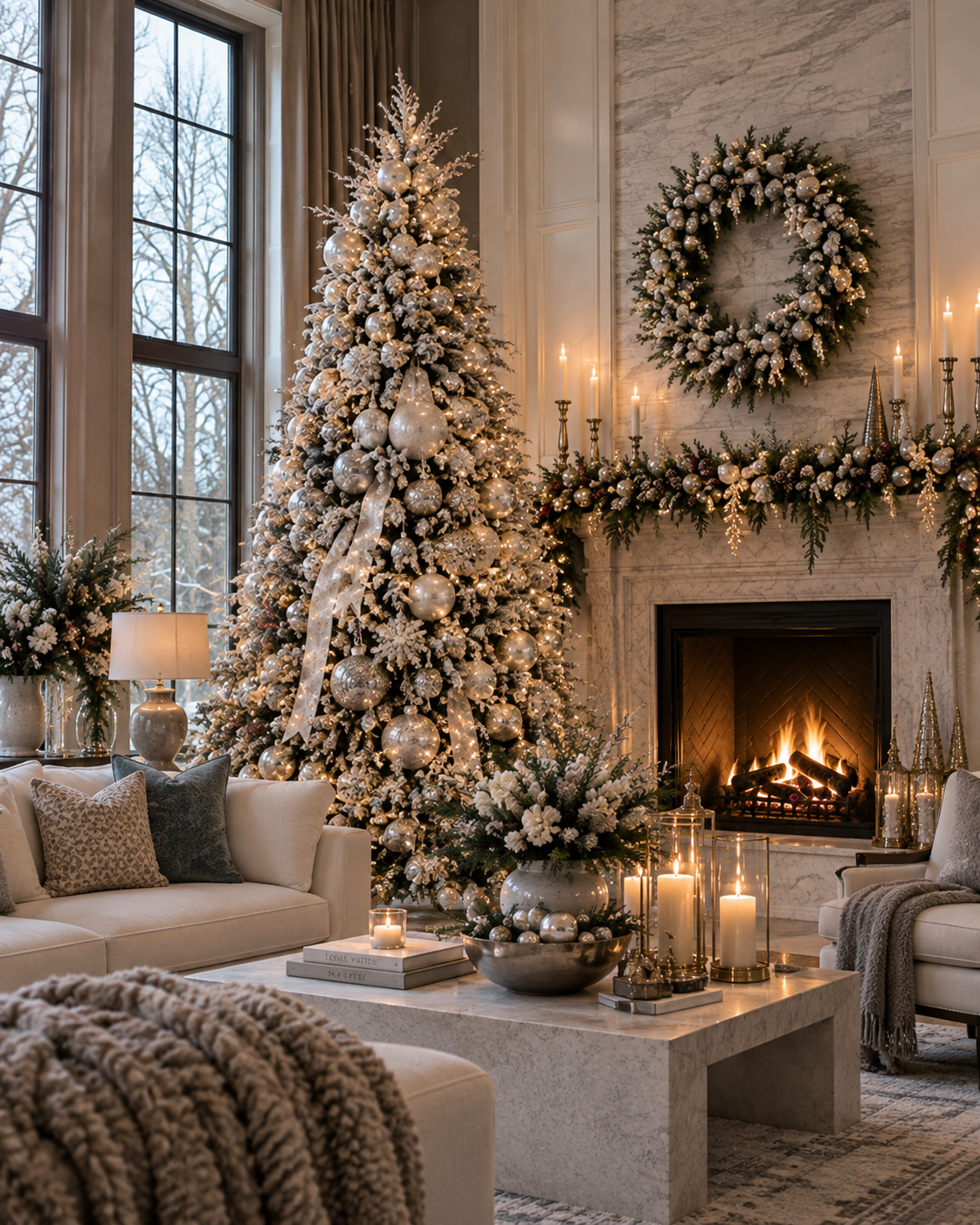 Modern holiday interior in white, silver and icy neutrals