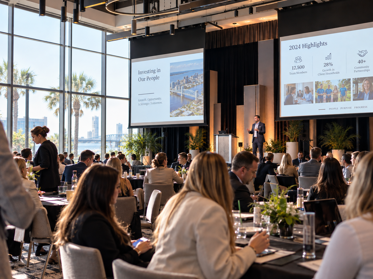 Corporate leadership presentation with attendees in a professionally produced meeting environment