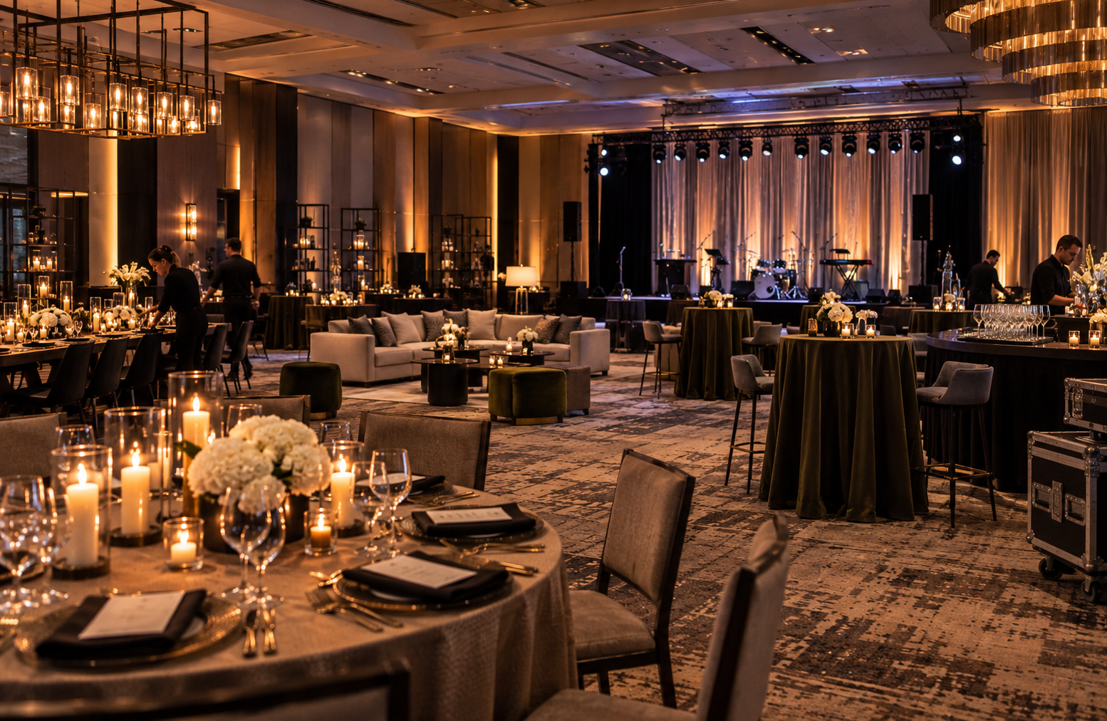 Event staff preparing tables and production details in a luxury venue before guests arrive