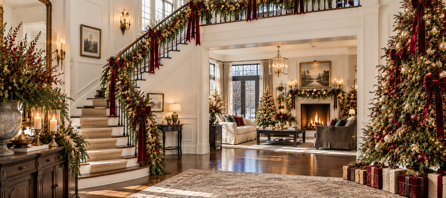 Holiday interior with a professionally styled tree and staircase garland