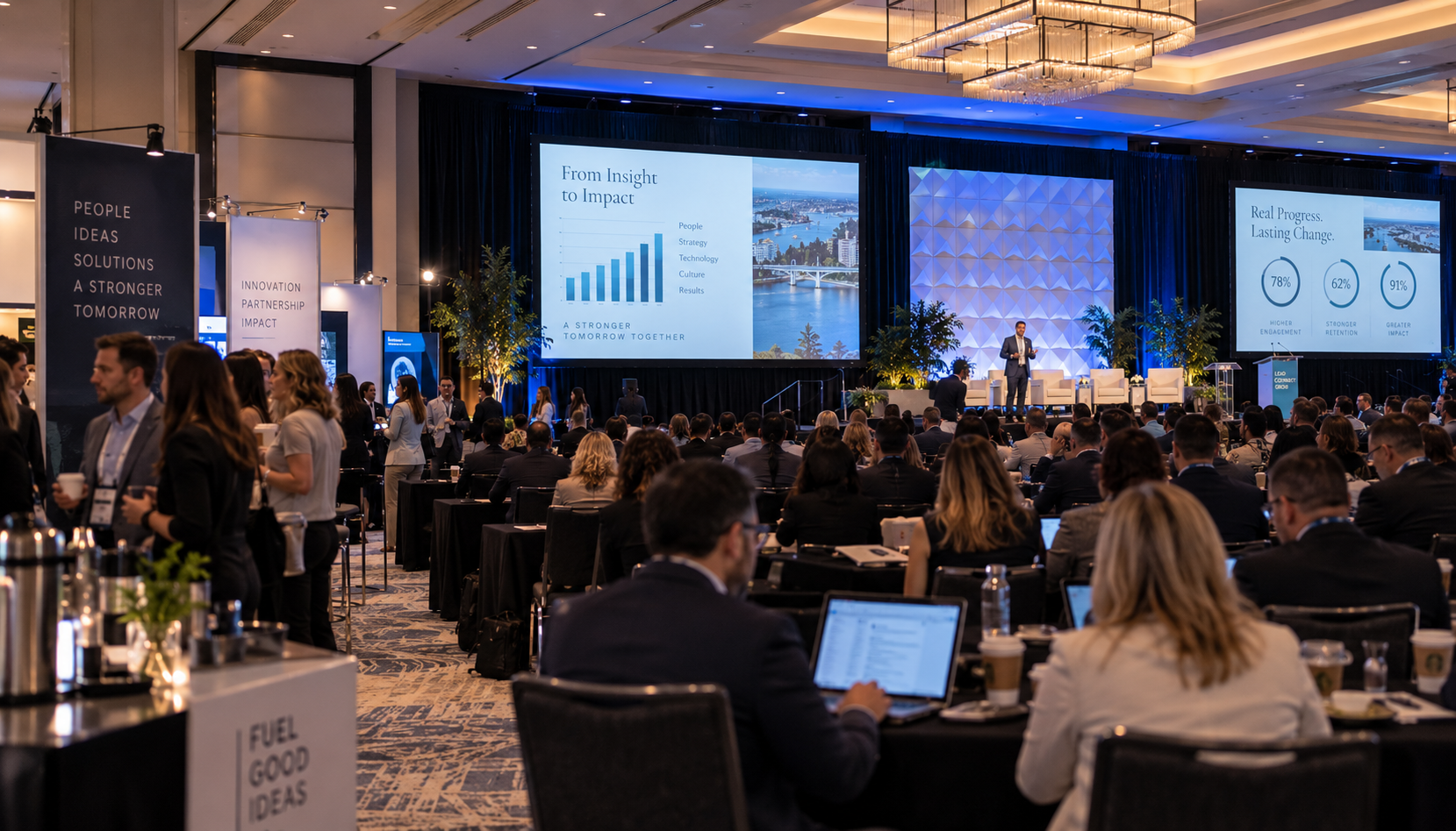 Conference ballroom with presentation screens, stage and seated guests
