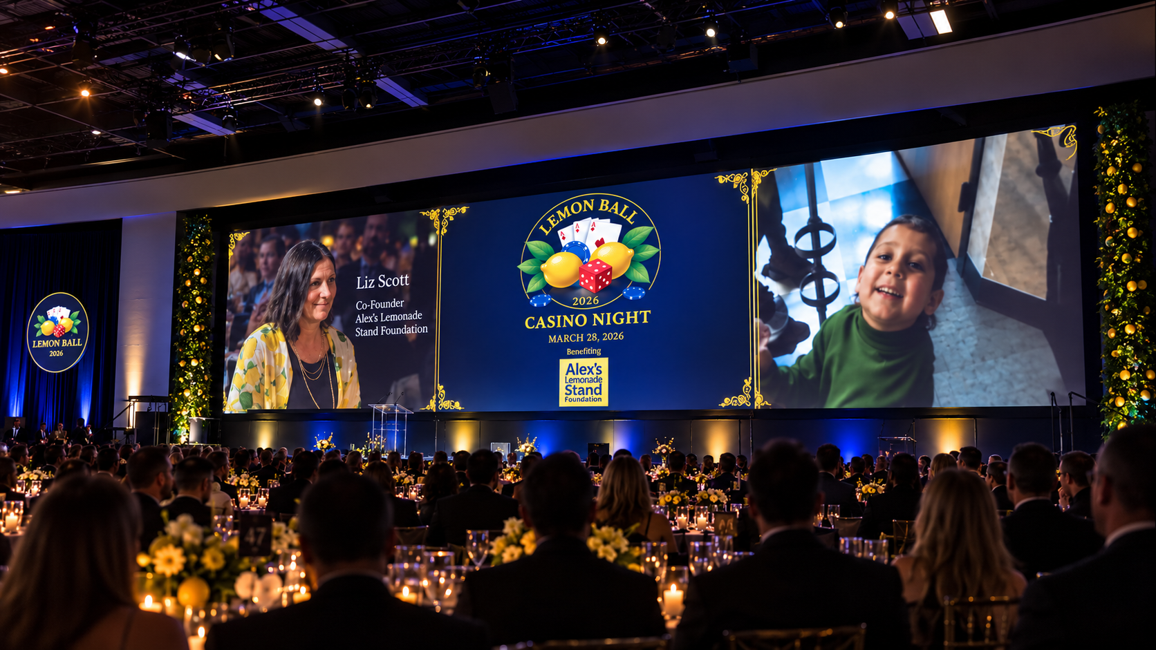 Lemon Ball 2026 program in progress with guests seated and large screens showing the mission