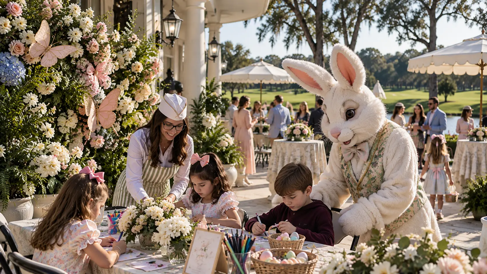 Spring Eggstravaganza guest experience with children at a floral activity station beside the Easter Bunny in an upscale outdoor setting