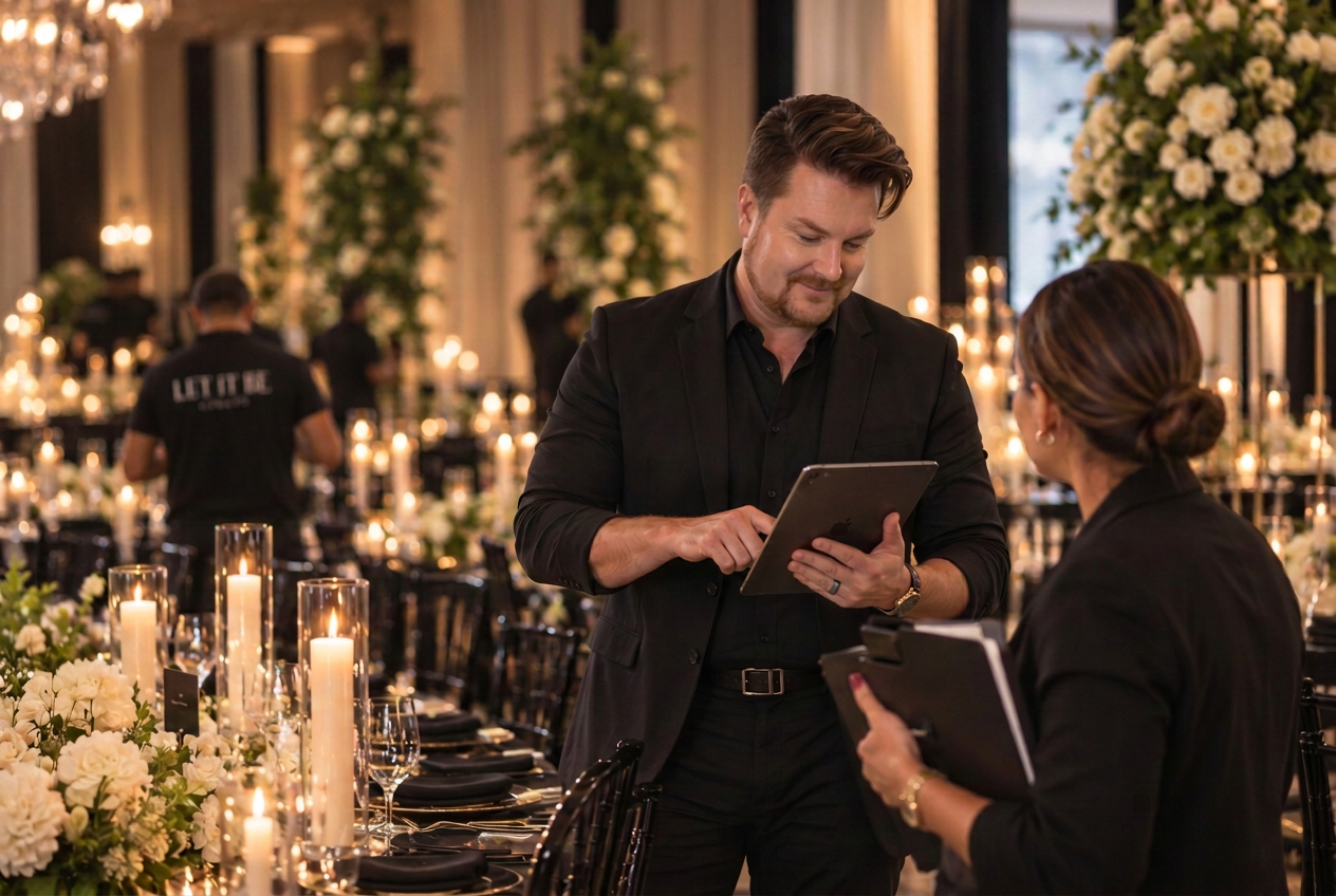 Keith Heissler reviewing event details on an iPad in a candlelit ballroom