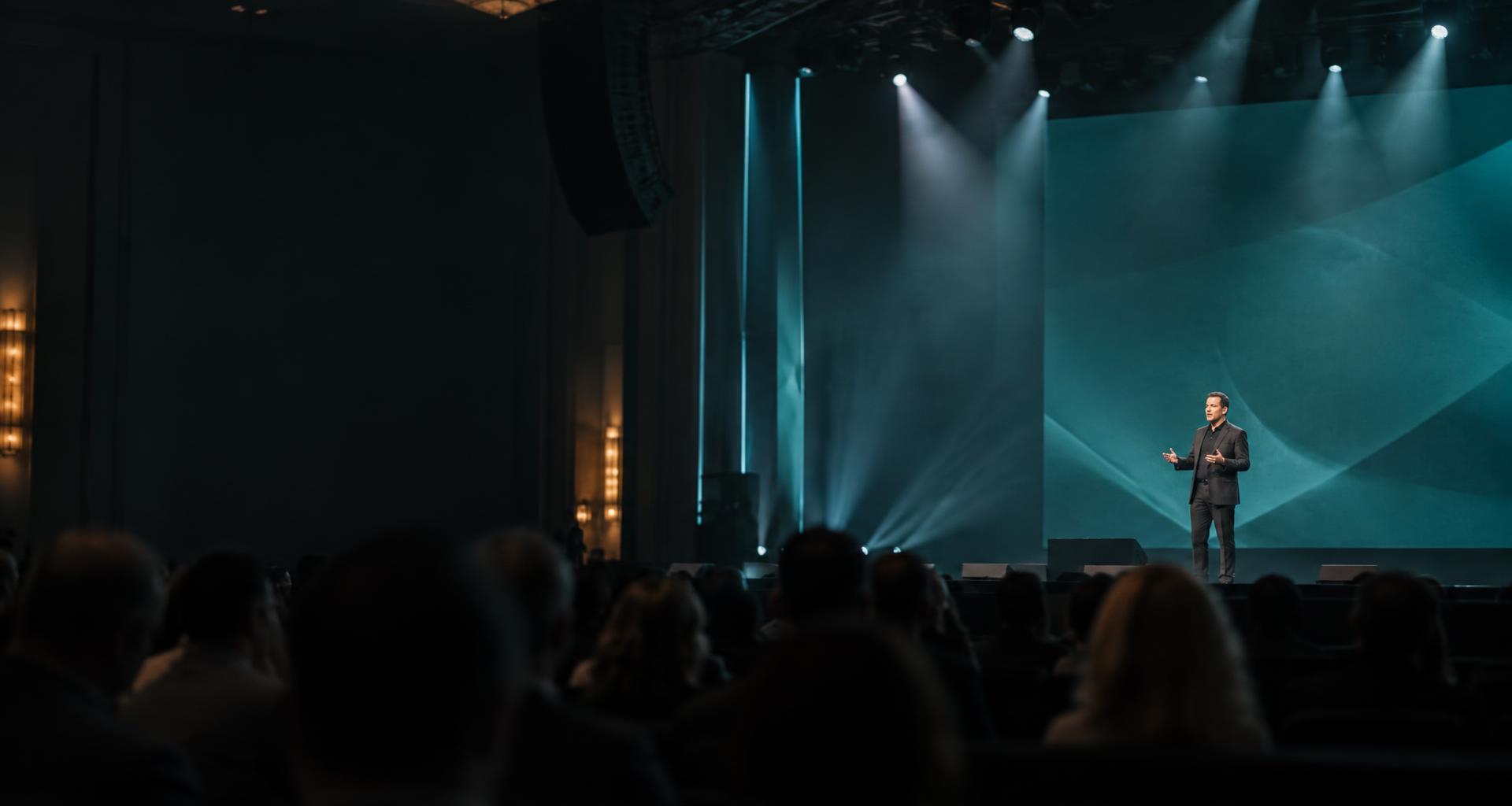 Corporate conference general session with a speaker on a minimally designed stage