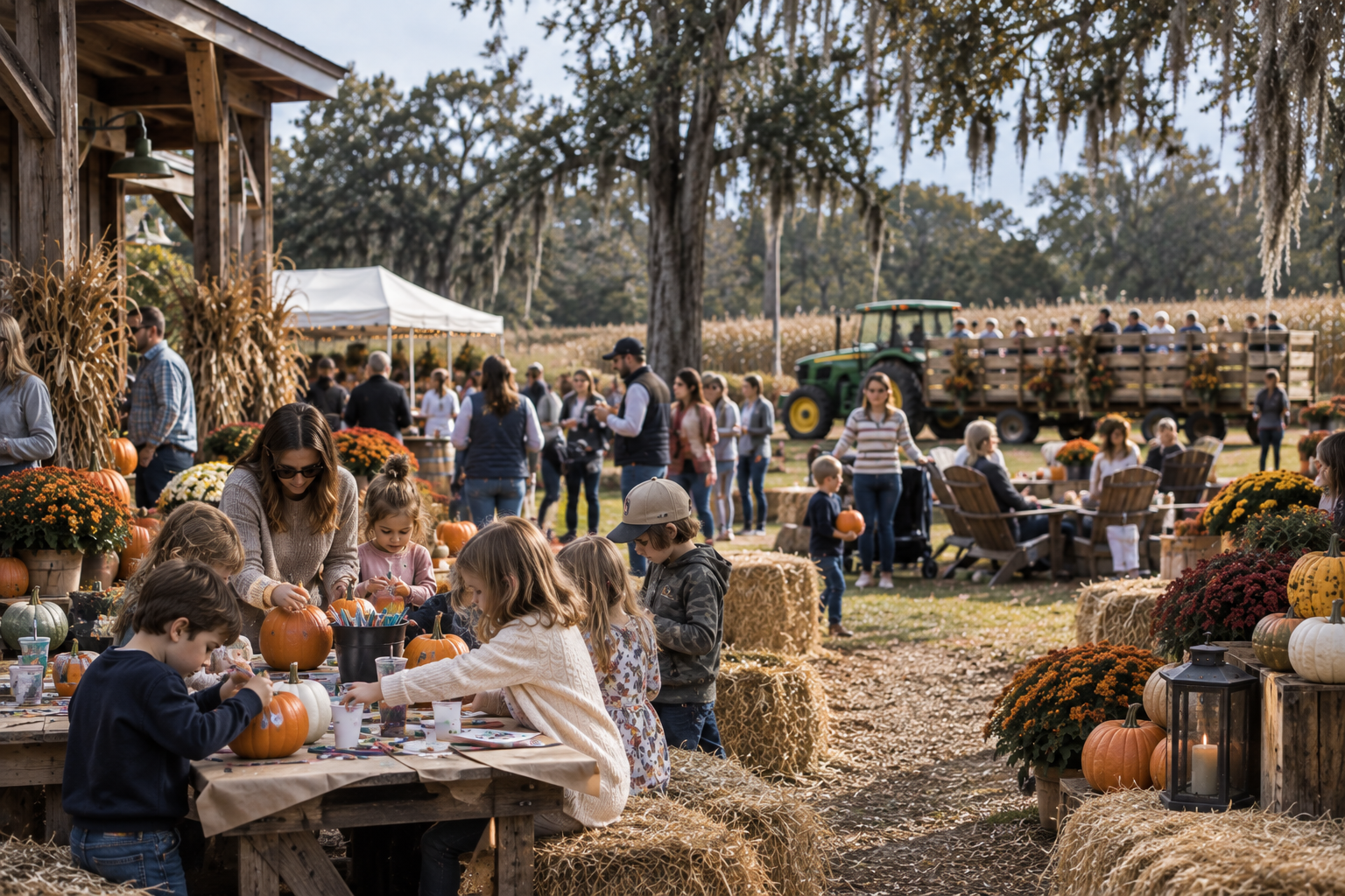 Children and families participating in fall activities at a farm-day experience