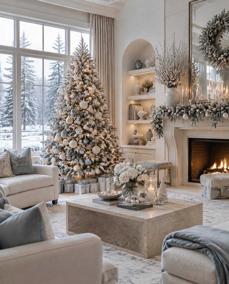 Refined holiday interior with an elegantly styled Christmas tree
