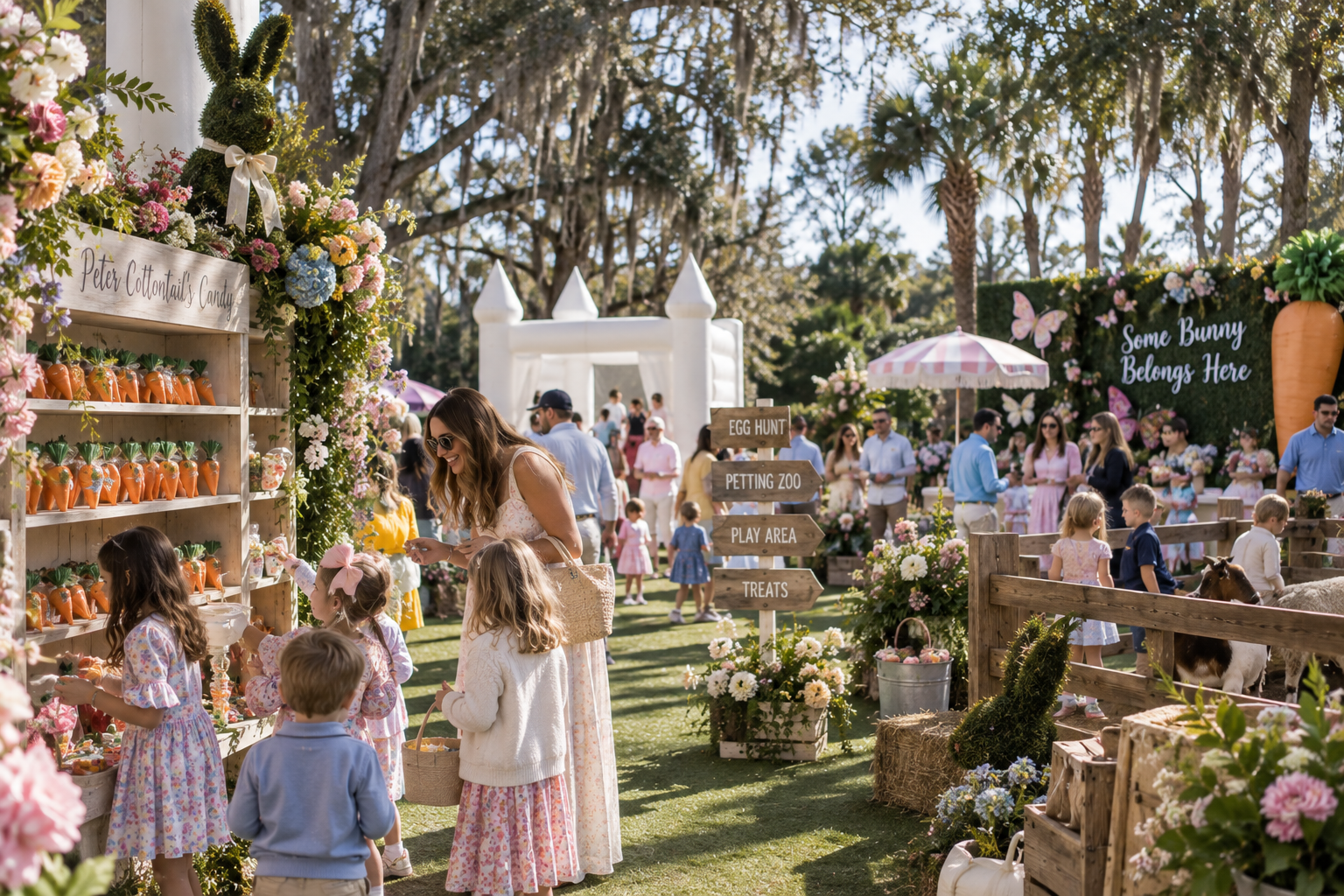 Children and families exploring an outdoor spring experience